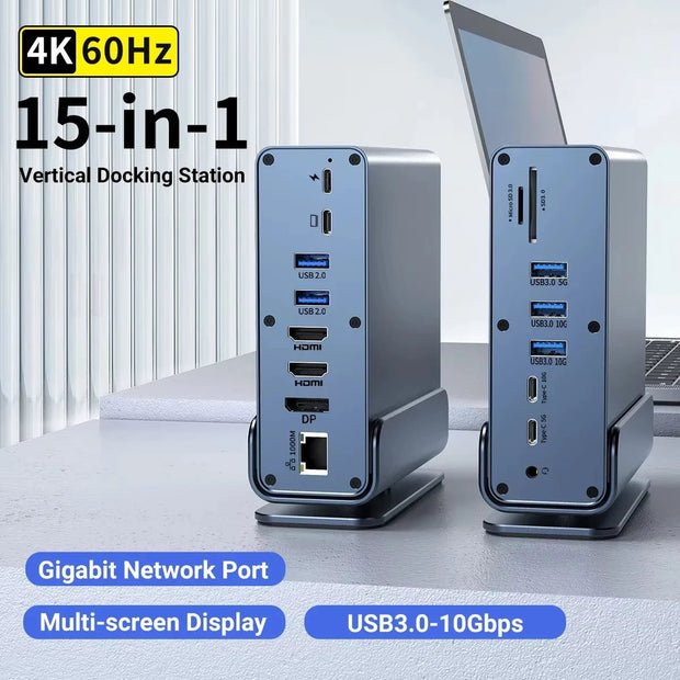 15 in 1 Hub Type-C Dock for MacBook Pro - 4K HDMI, USB, RJ45, SD, TF, Audio Adapter - clip memories