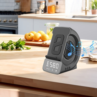 Wireless Charging Speaker Alarm Clock - USB Rechargeable, Black Design, Ideal Gift for Him - CLIP GADGETS
