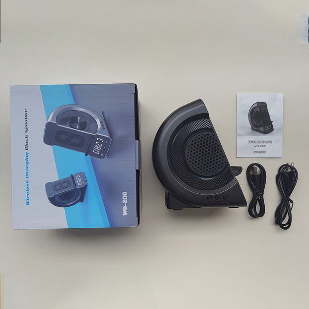 Wireless Charging Speaker Alarm Clock - USB Rechargeable, Black Design, Ideal Gift for Him - CLIP GADGETS