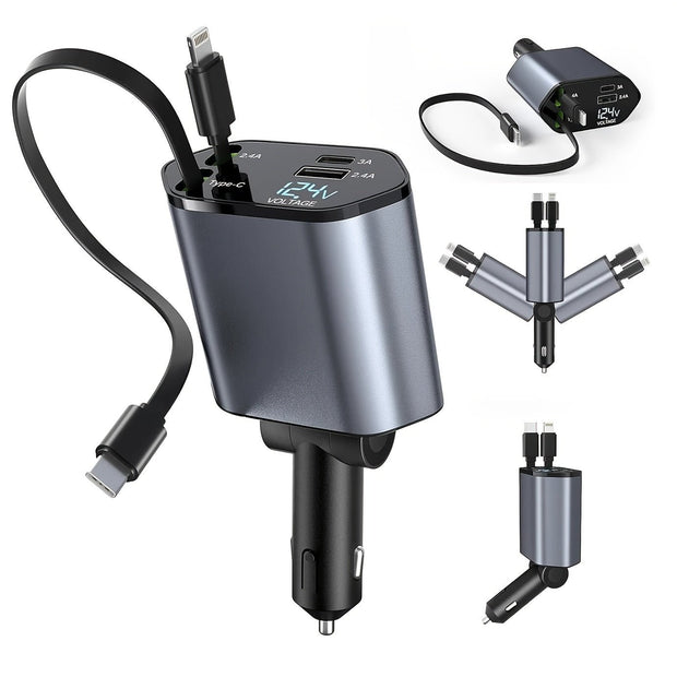4-in-1 Fast Car Charger with Extendable Cable - Ideal Dashboard Mount - Fast Charge - CLIP GADGETS