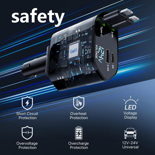 4-in-1 Fast Car Charger with Extendable Cable - Ideal Dashboard Mount - Fast Charge - CLIP GADGETS