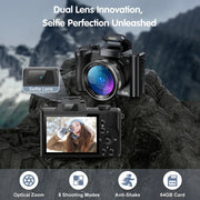 64MP Vlogging Camera with Selfie Lens, 5X Zoom & 64GB SD Card - CLIP GADGETS