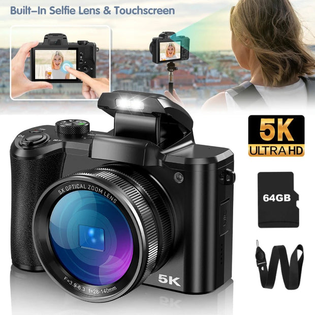 64MP Vlogging Camera with Selfie Lens, 5X Zoom & 64GB SD Card - CLIP GADGETS