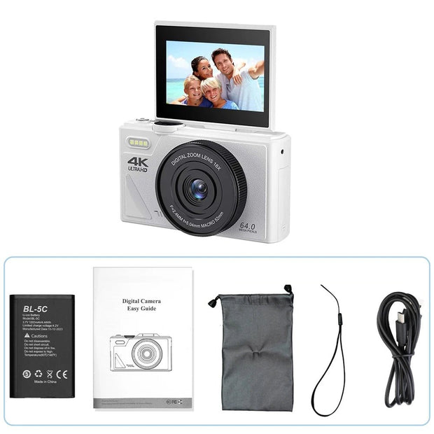 Vintage Vlog Camera 64MP 4K Video Recorder WiFi 18X Zoom Flip Screen Cam - clip memories