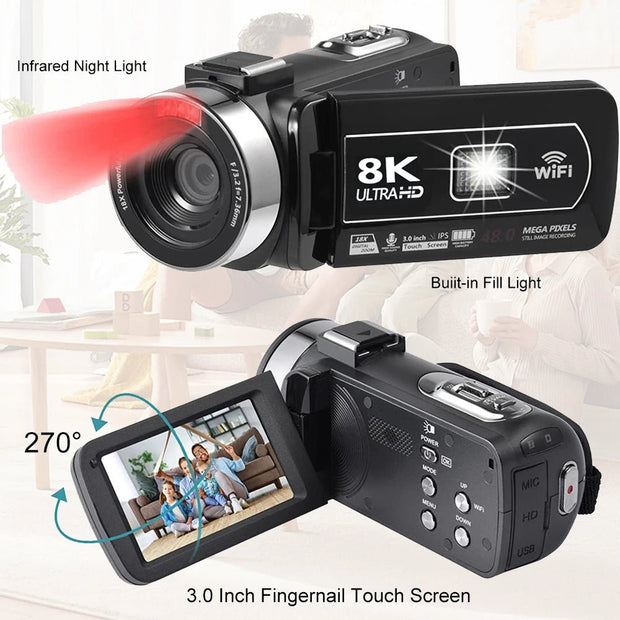 Portable 8K Digital Camera 48MP Handheld DV 18X Zoom Camcorder - clip memories