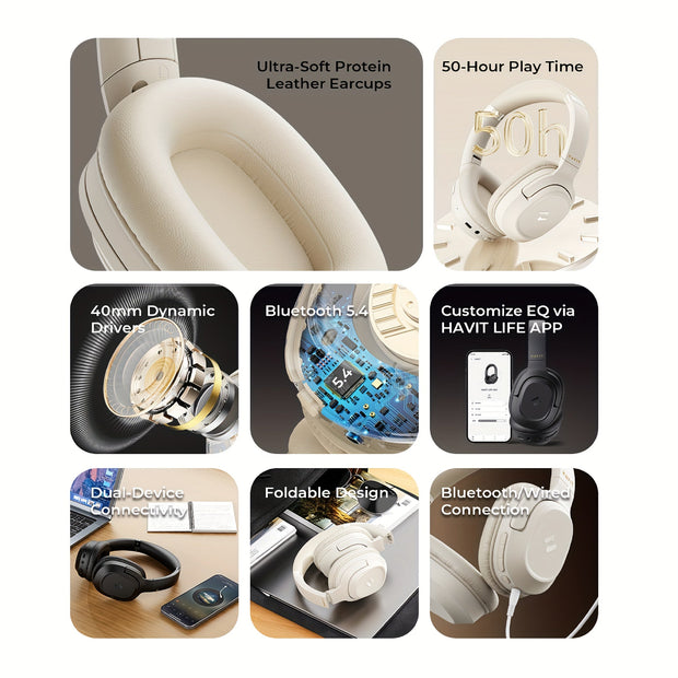 HAVIT Dual Device Wireless Headphones with Foldable Design and High Definition Call Effect - CLIP GADGETS