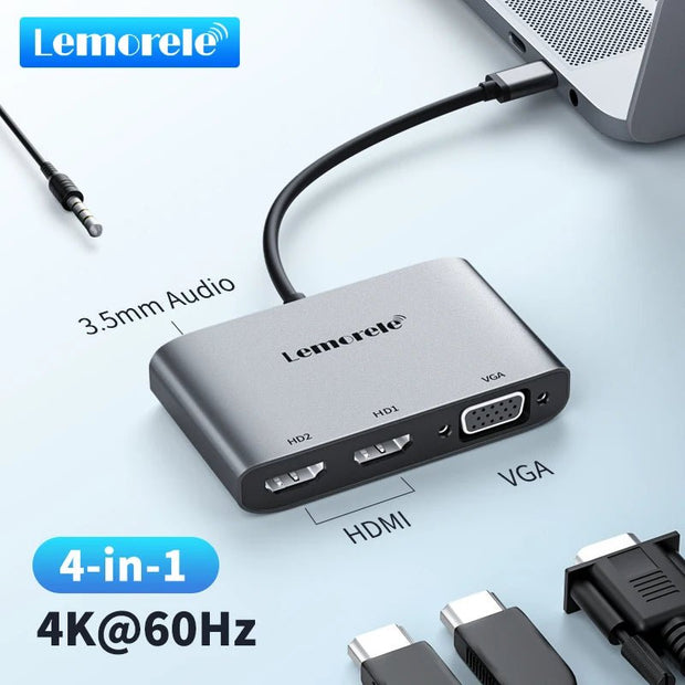 Lemorele Dual HDMI 4K 60Hz USB C Hub - 2 Port Type C VGA Docking Station - clip memories