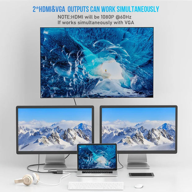 Lemorele Dual HDMI 4K 60Hz USB C Hub - 2 Port Type C VGA Docking Station - clip memories