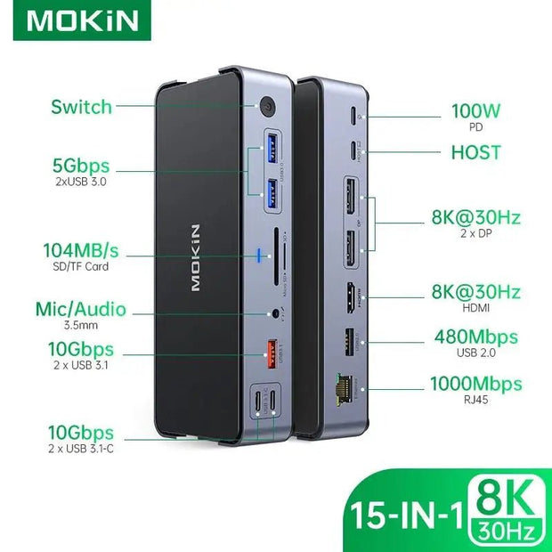 Portable USB C Hub Laptop Docking Station Multi-Port Adapter with HDMI RJ45 PD3.0 for Mac Windows - clip memories