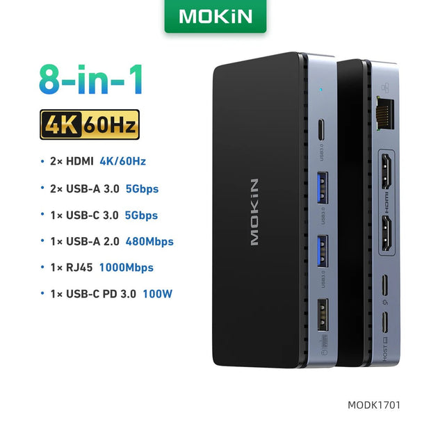 Portable USB C Hub Laptop Docking Station Multi-Port Adapter with HDMI RJ45 PD3.0 for Mac Windows - clip memories