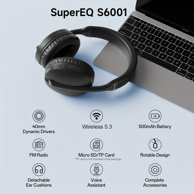 SuperEQ S6001 Wireless Headphones - 20H Playtime, FM Radio, 4-in-1 - Compatible with PC/Mbile - CLIP GADGETS
