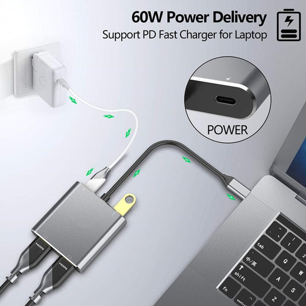 Type-C hub to dual HDMI PD USB3.0 hub for mobile phones, laptops, and multi port docking stations - clip memories